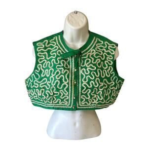 Vtg Green Crop Blouse Sleeveless Cream Embroidered Trim Homemade Sz Sm